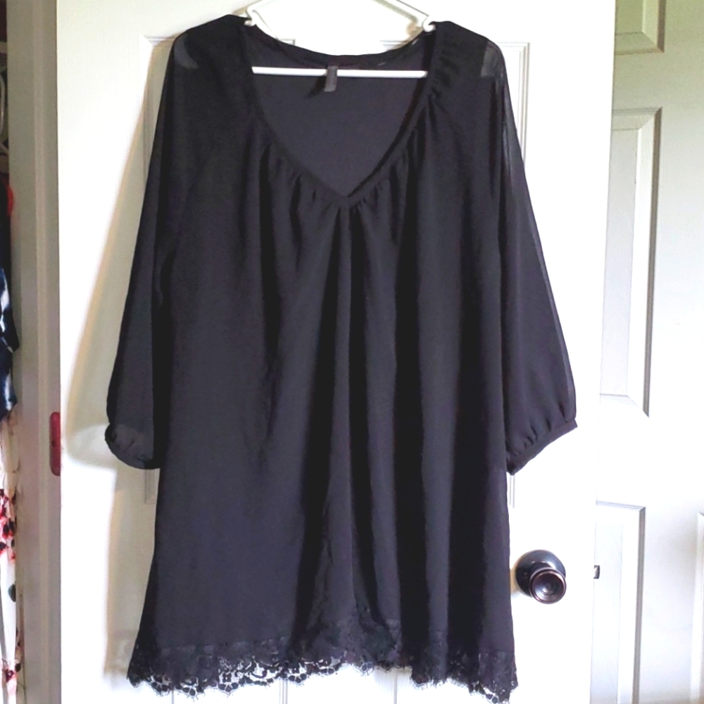 Massini Black Lace Womens 1X Long Sleeve Blouse